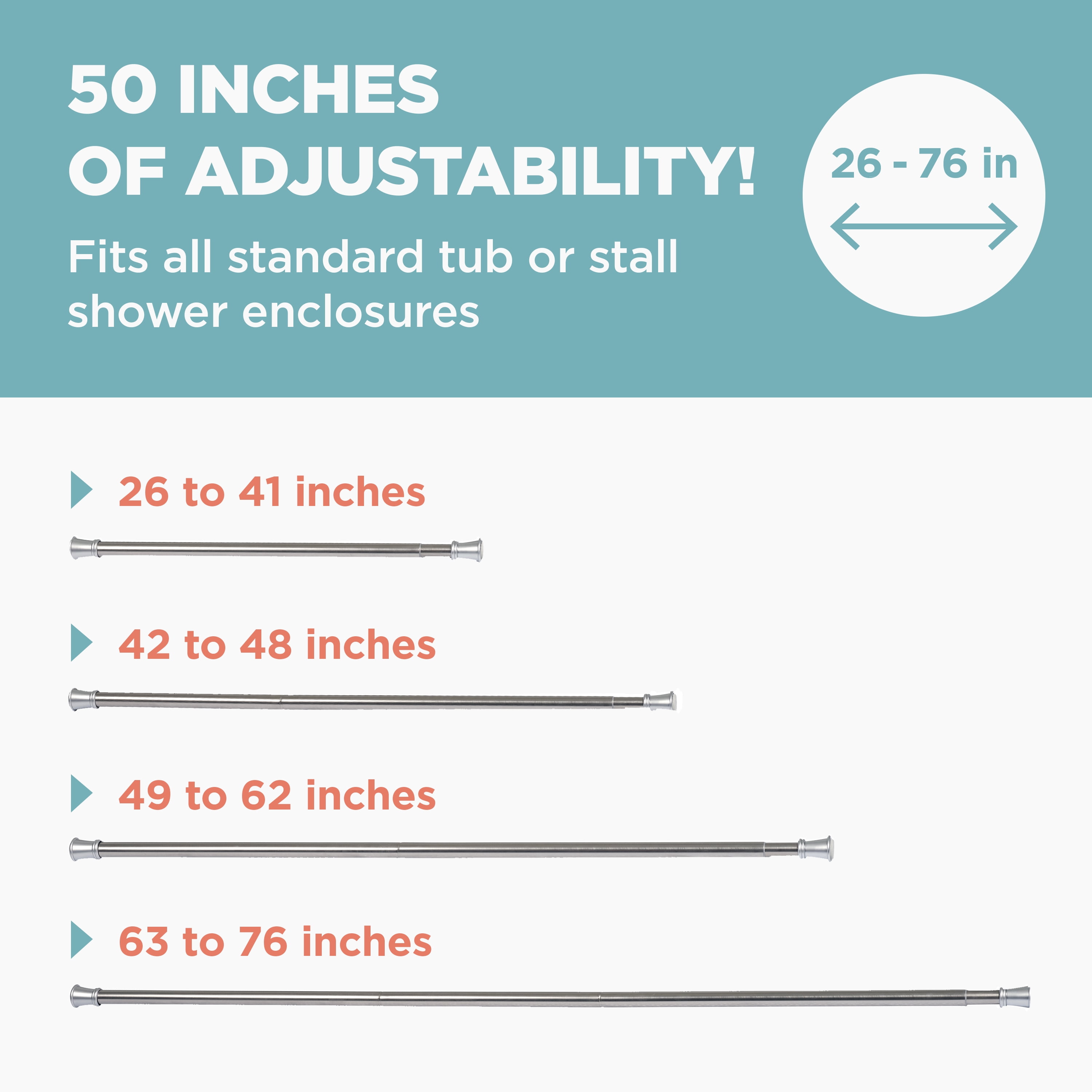 Zenna Home 26" to 76" Adjustable Tension Shower Rod, Brushed Nickel