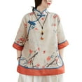 thumbnail image 2 of YM YOUMU Women 3/4 Sleeves Chinese Ethnic Floral Printed Shirt Stand Up Frog Button Traditional Cheongsam Blouse Tops, 2 of 5