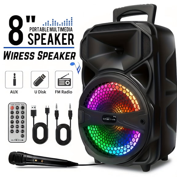 1000W Portable Wireless Party Speakers Loud Sound System with Subwoofer, Bass, 8-inch Speaker Karaoke Machine, FM Radio, EQ Mode, Strobe Lights with Wire Microphone, Remote Controls