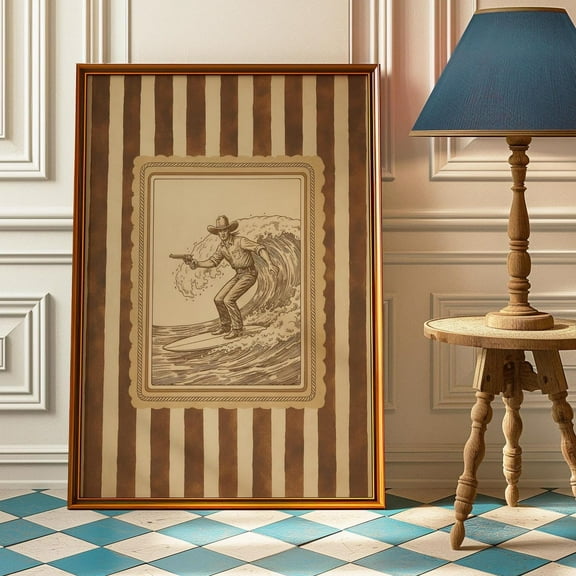 Vintage Western Cowboy Surfer, Retro Cowboy Aesthetics Wall Art, Rustic Striped Surf Art For Farmhouse Or Man Cave Decor Home Decor #2184, Unframed Poster Size 8x12