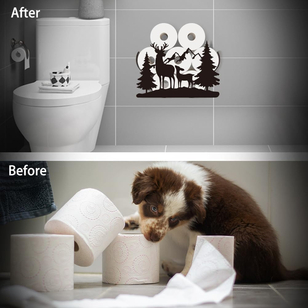 Deer Toilet Paper Holder Metal Forest Animal Wall Mounted Toilet Paper Storage for Extra 8 Rolls Funny Animal Toilet Paper Organizer Toilet Paper Roll Holder for Bathroom Home Office Décor Black