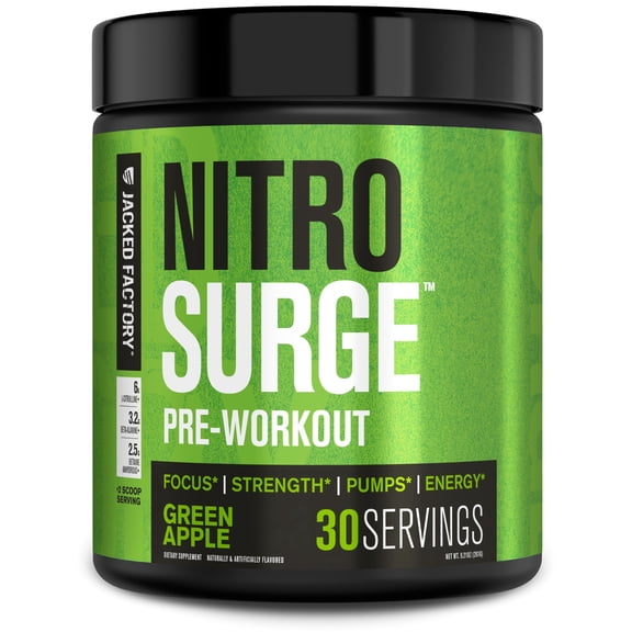 Jacked Factory NITROSURGE Pre Workout Supplement - Endless Energy, Instant Strength Gains, Clear Focus, Intense Pumps - NO Booster & Powerful Preworkout Energy Powder - 30 Servings, Green Apple