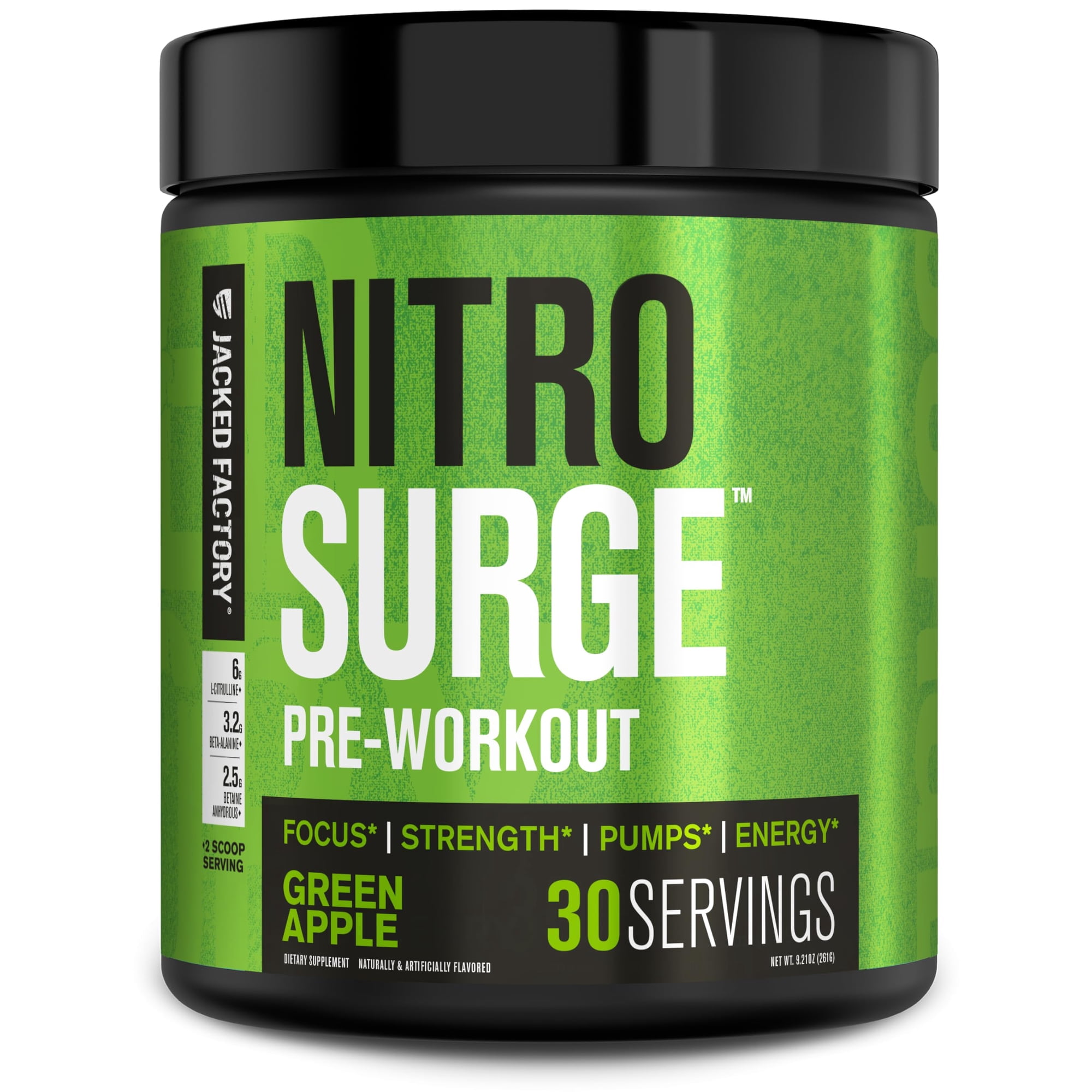 Jacked Factory NITROSURGE Pre Workout Supplement - Endless Energy, Instant Strength Gains, Clear Focus, Intense Pumps - NO Booster & Powerful Preworkout Energy Powder - 30 Servings, Green Apple