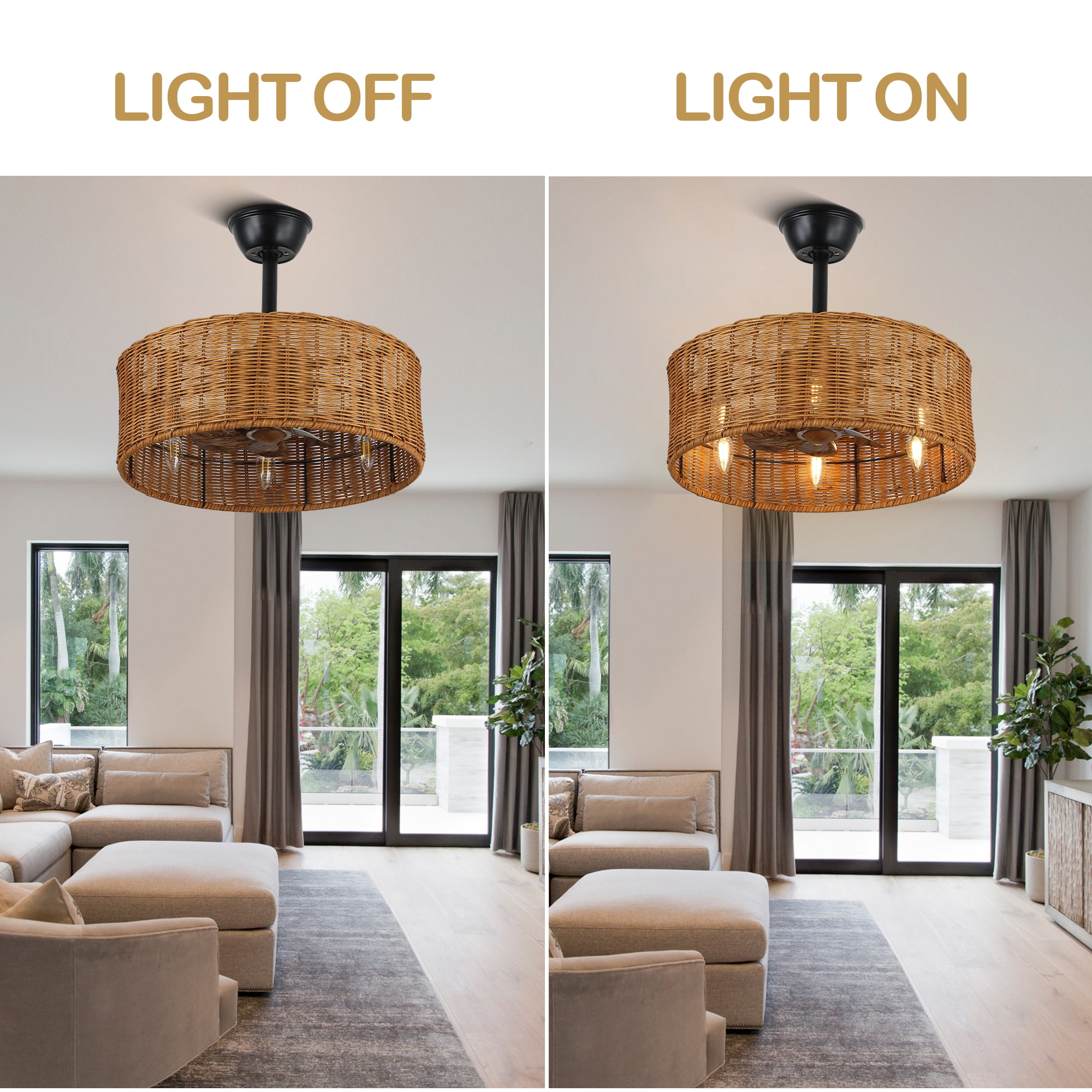 18" Bohemia Rattan Ceiling Fan with Light and Remote Control 6-speed Reversible DC Motor Farmhouse Chandelier for Bedroom