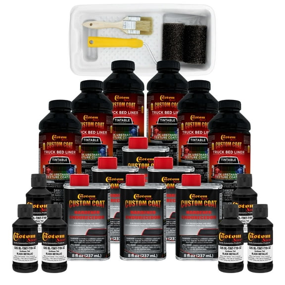 Custom Coat Black Metallic 1.5 Gallon (6 Quart) Urethane Roll-On, Brush-On or Spray-On Truck Bed Liner Kit with Roller and Brush Applicator Kit
