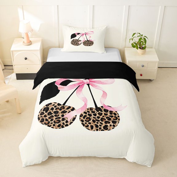 spefrowx Leopard Print Cherry Twin Duvet Cover for Girls, Pink Watercolor Ribbon Twin Bedding, Black Reversible, 2-Piece, 1 Duvet Cover and 1 Pillowcase