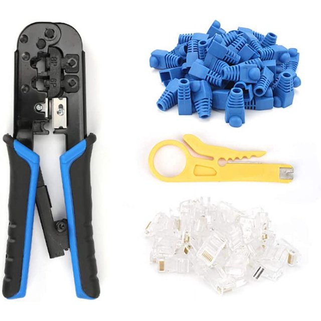 Crimpadora Ethernet RJ45, crimpadora de cable de red 8P/6P-RJ11, cortadora peladora de trinquete RJ12 Azul