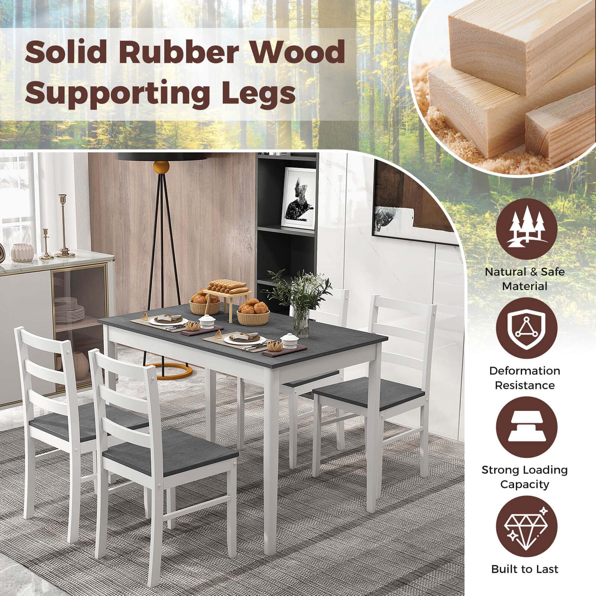 Costway 5-Piece Dining Set Solid Wood Kitchen Furniture with Rectangular Table & 4 Chairs Grey