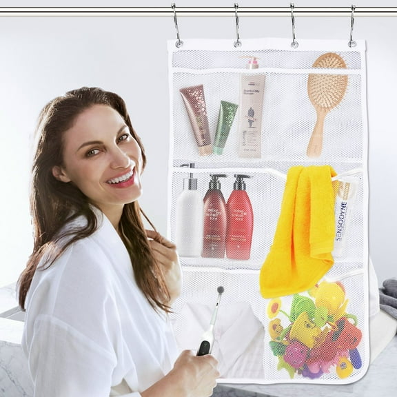Mesh Shower Organizer with Quick Drying Mesh, Bathroom Caddy Organizer 6 Pockets Hang Curtain Rod with 4 Rings,Mesh Shower Organizer for Toys, Space Saving