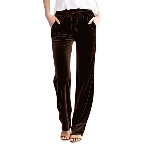 Erwazi Women's Solid Velvet Pants Straight Leg Drawstring Waist Stretch Casual Trousers