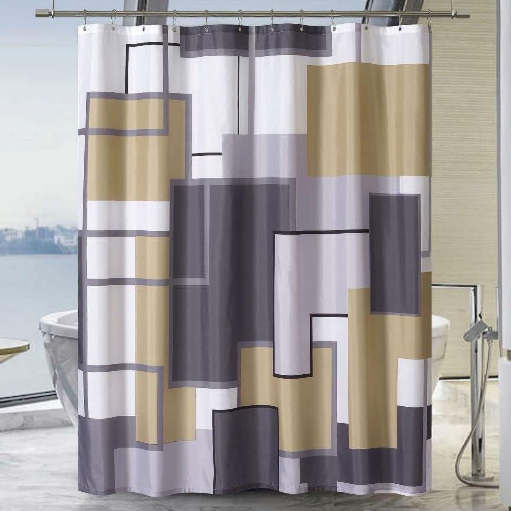 YOSTV Gold Black Modern Geometric Shower Curtain, Gold Black White Waterproof Shower Curtain Set for Bathroom Restroom with 12 Metal Hooks, 72 x 72 inch