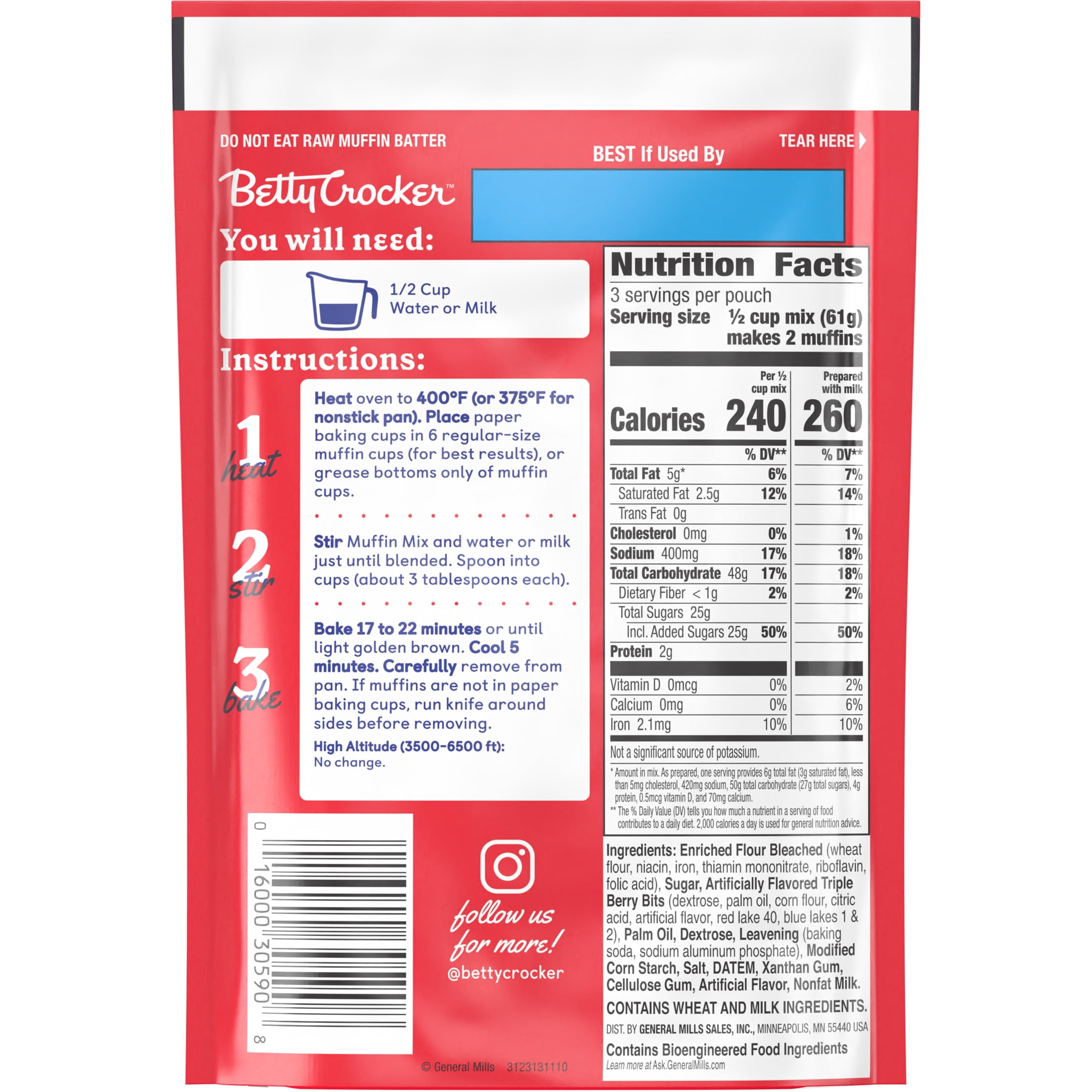(3 pack) Betty Crocker Triple Berry Muffin Mix, 6.5 oz.