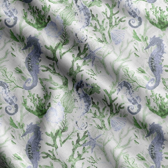 Soimoi Sea Shell Print, Silk Fabric, Decor Sewing Fabric by The Yard 42 Inch Wide,Decorative Fabric for Shirts Suits Ties, Green & Purple