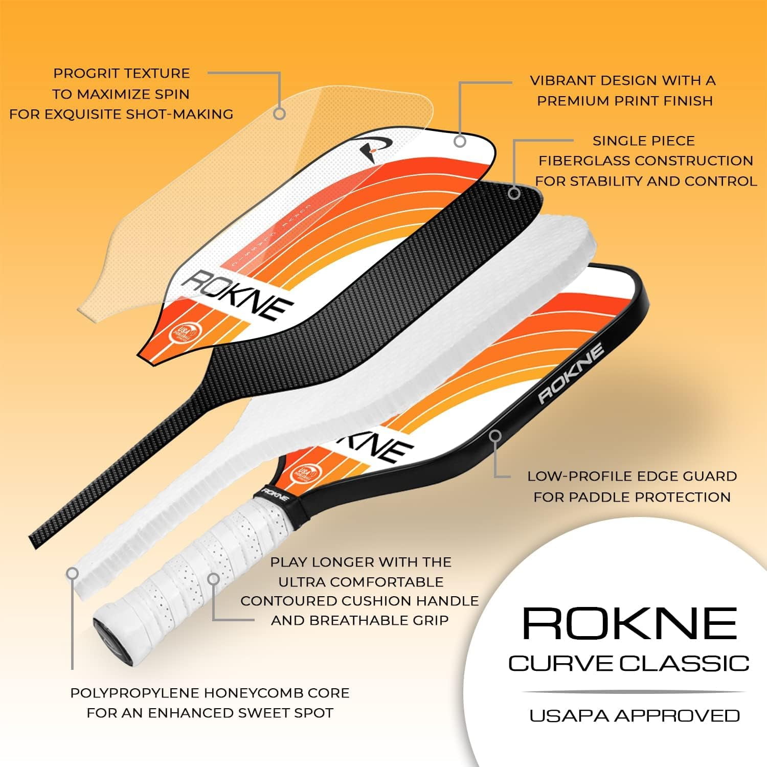 Rokne Curve Classic Fiberglass Pickleball Paddle Long Handle Racket with Pro Grit Texture, Tangerine
