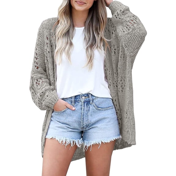 PMVFHDE Women's Fashion Versatile Crochet Knit Cardigan Long Sleeve Lightweight Loose Open Front Knit Sweater, Relaxed Style for Daily Use Grey，M