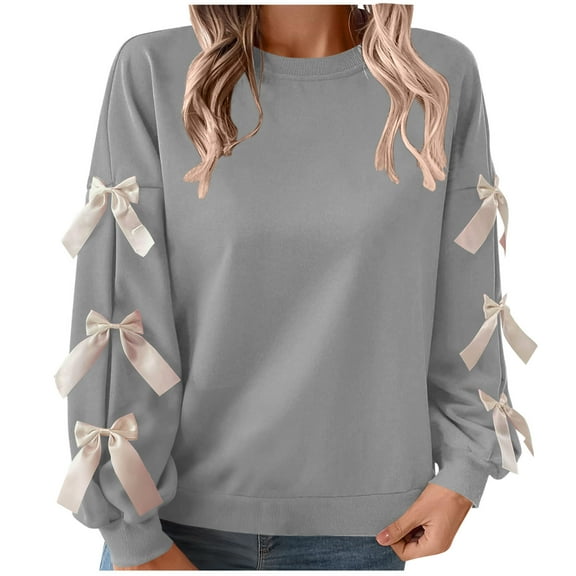 Christmas Bow Long Sleeve Tops for Women, Long Sleeve Crew Neck Red Neck Pullover, Casual Fall Winter Tops