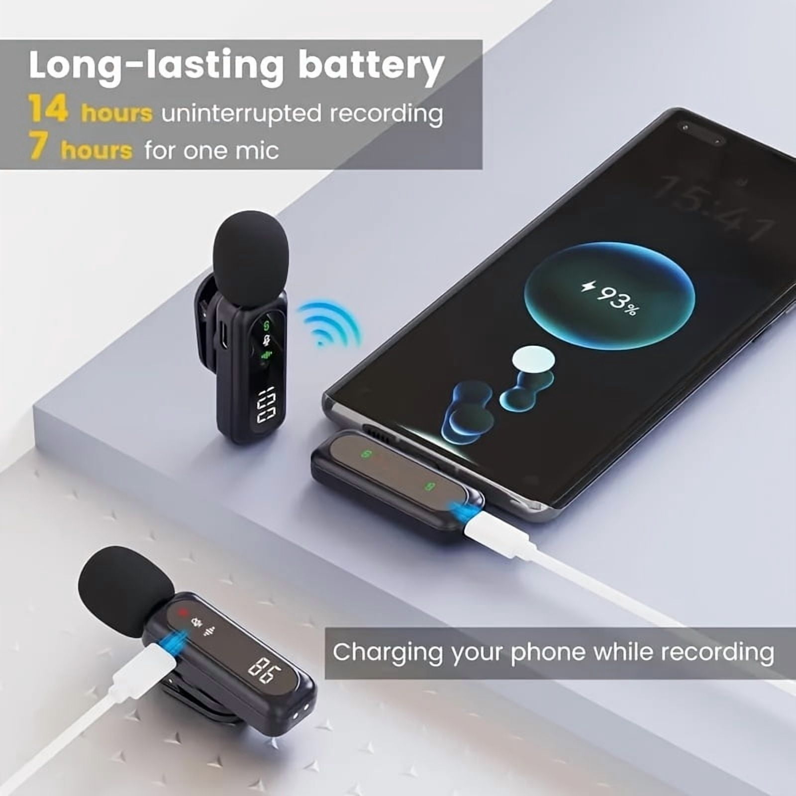 Wireless Lavalier Mic with DSP Noise Reduction, USB-C, Digital Battery Display, 100ft Range, 360° Omnidirectional, Magnetic Clip for Streaming Podcast Vlog