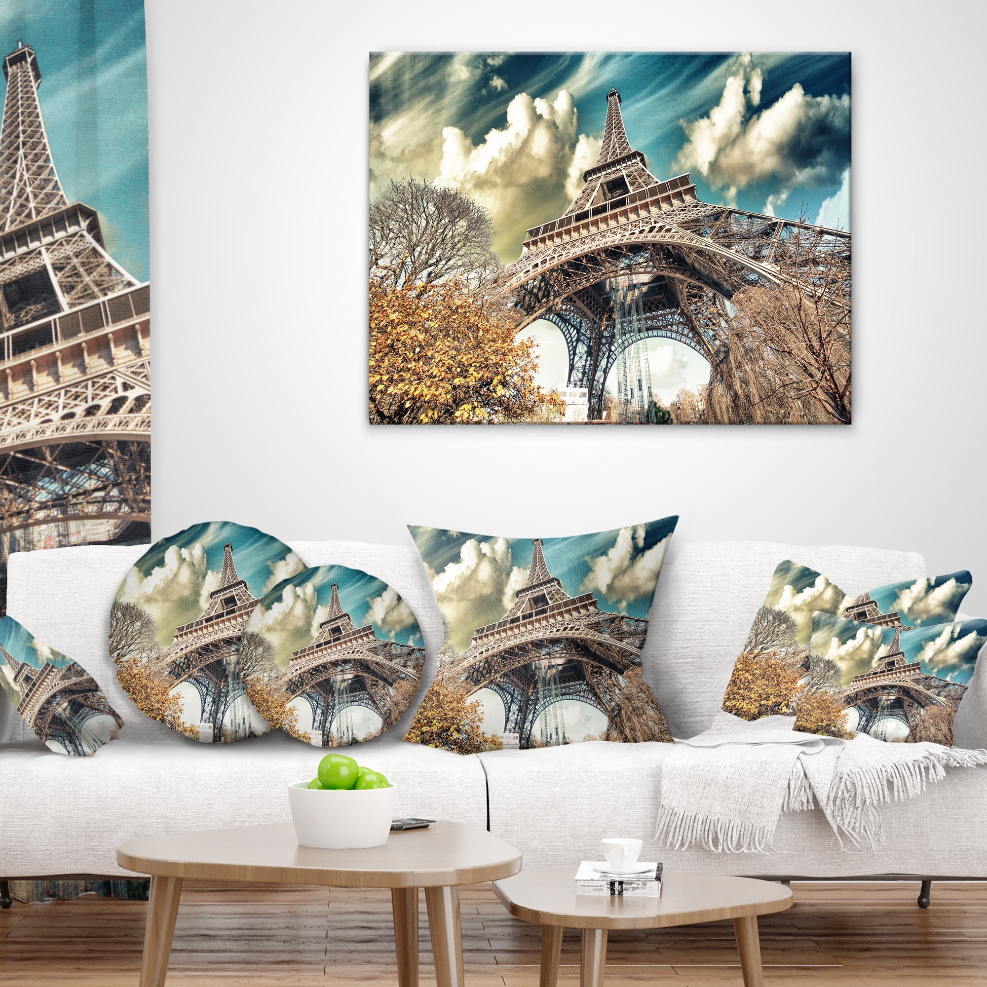 Designart Street View of Paris Eiffel Tower - Cityscape Digital Throw Pillow - 18x18