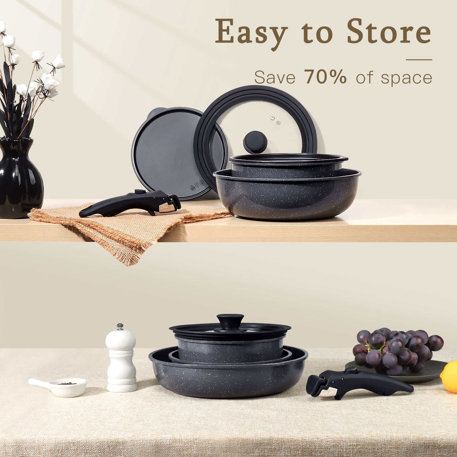 Gipp Large Size 21 Piece Ceramic Pots and Pans Set Non Stick,with 12 inch Frying Pan,Cookware Set with Detachable Handles, Safe for Ovens and Dishwashers,Induction Cookers RV Kitchen