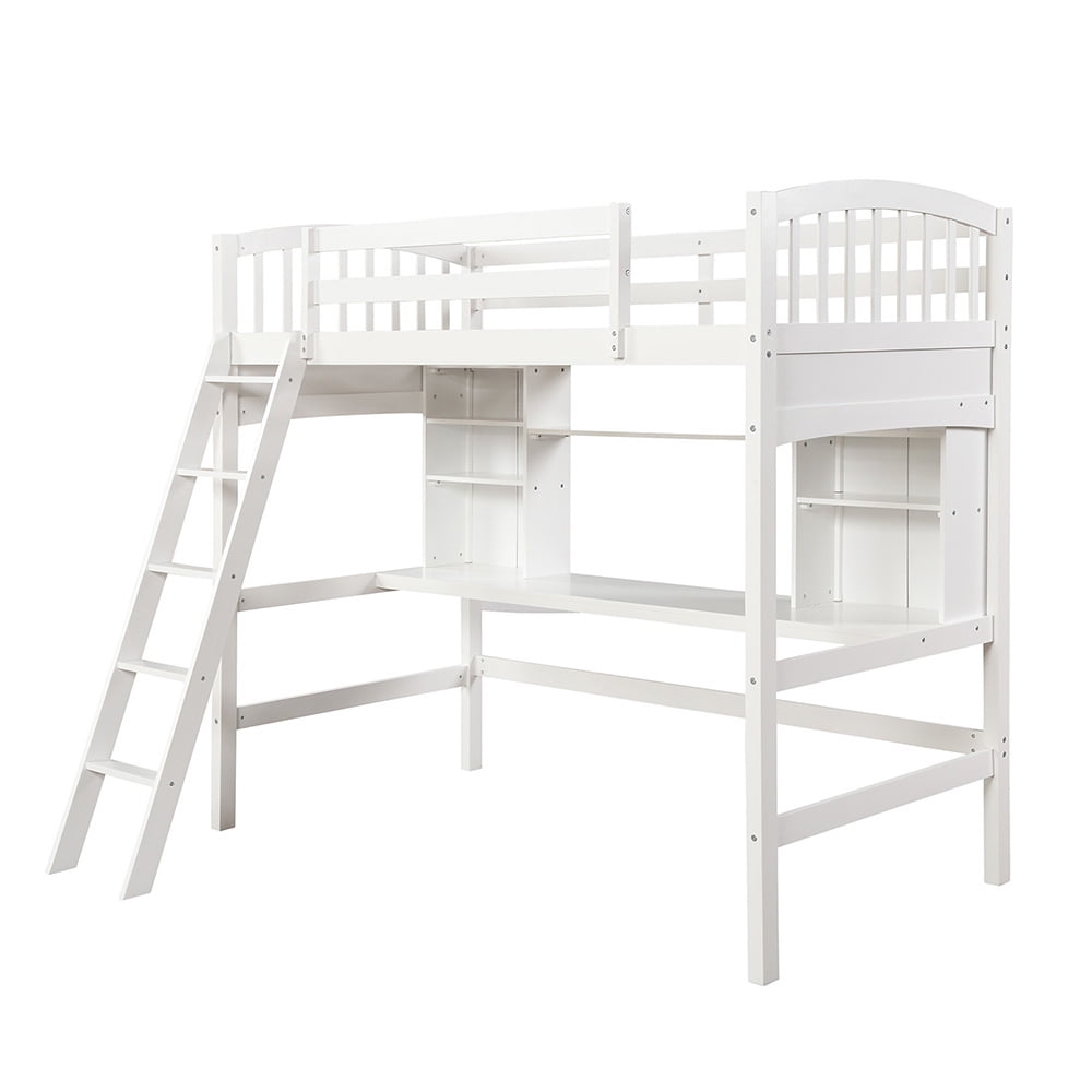 Lowestbest Loft Beds with Storage Bookshelfs and Desk, Loft Bed with Ladder and Guard for Kids Teens, White Lowestbest Loft Beds with Storage Bookshelfs and Desk, Loft Bed with Ladder and Guard for Kids Teens, White