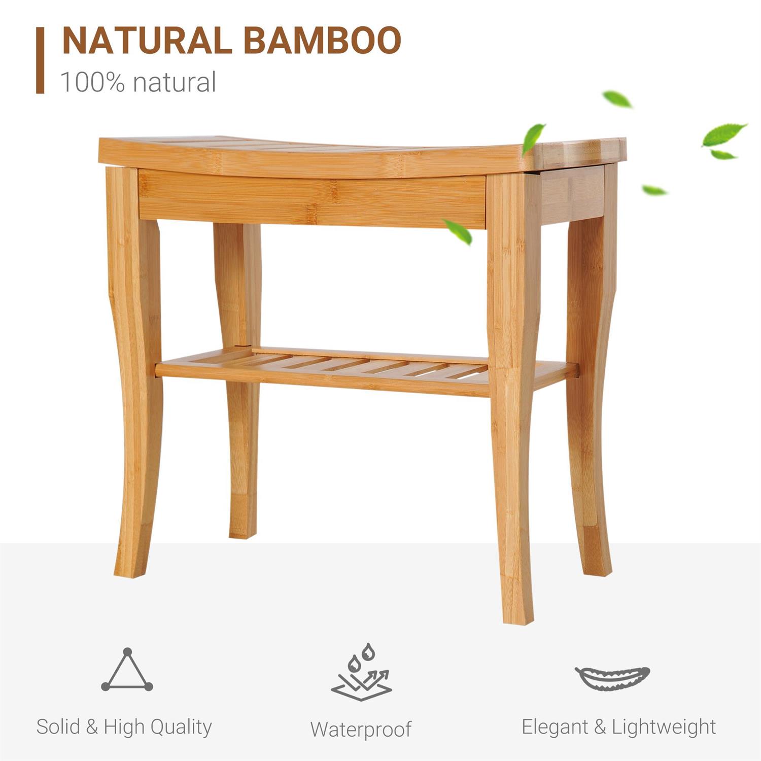 Demi Bonn 20" Bamboo Shower Bench with Storage, Long Seat for Spa Showers, Shoe Stool, Comfortable Stool for Bathing Area, Beige