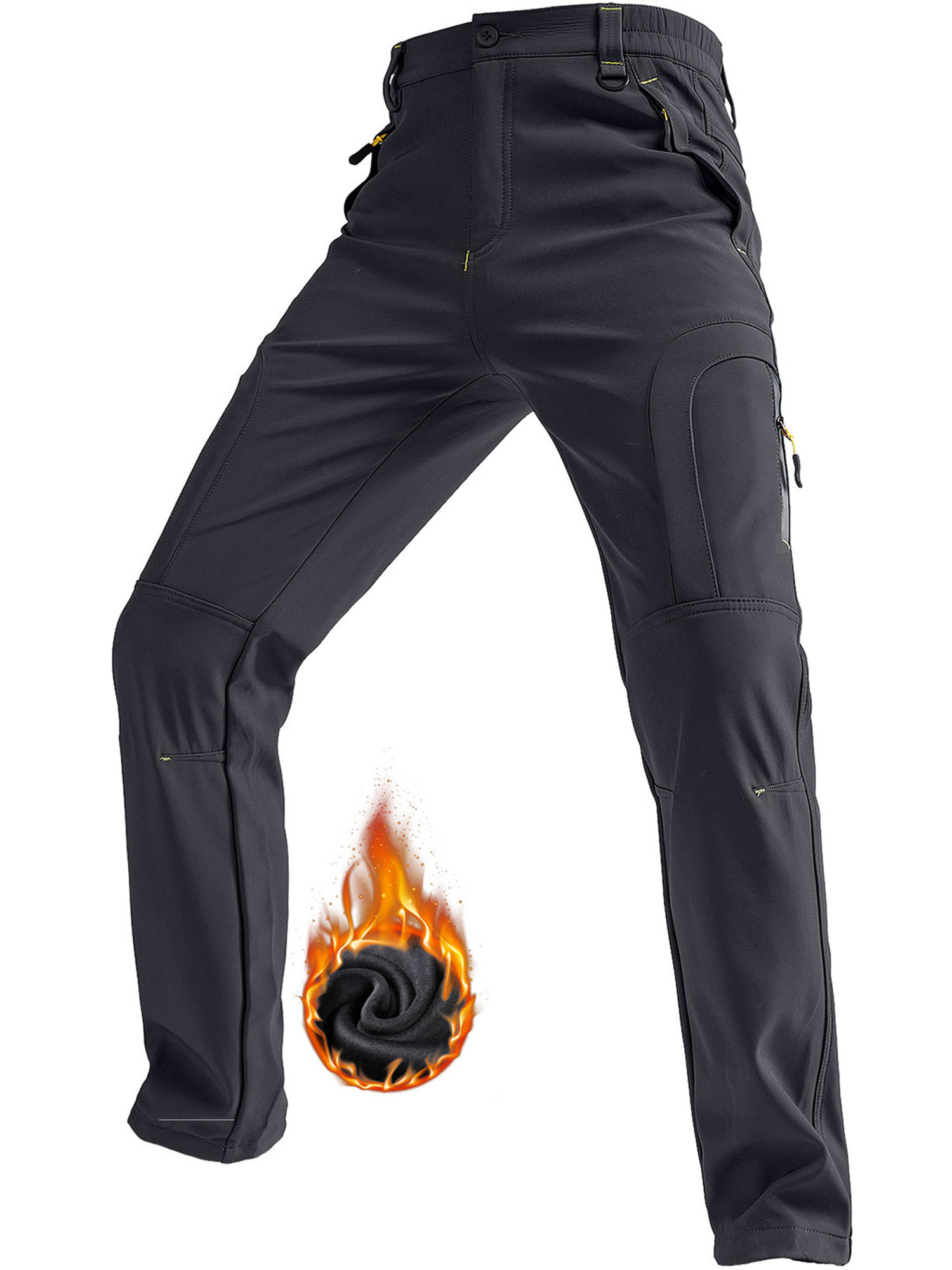 POENTAB Fleece Lined Pants For Men Water Resistant Windproof Ski Snow Pant Winter Thermal Work Trousers with Zipper Pockets Grey 36