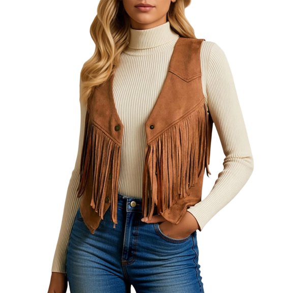 Short Fringe Vest for Women Casual Comfort Button Front Elegant Sleeveless Jacket Outerwear Brown L