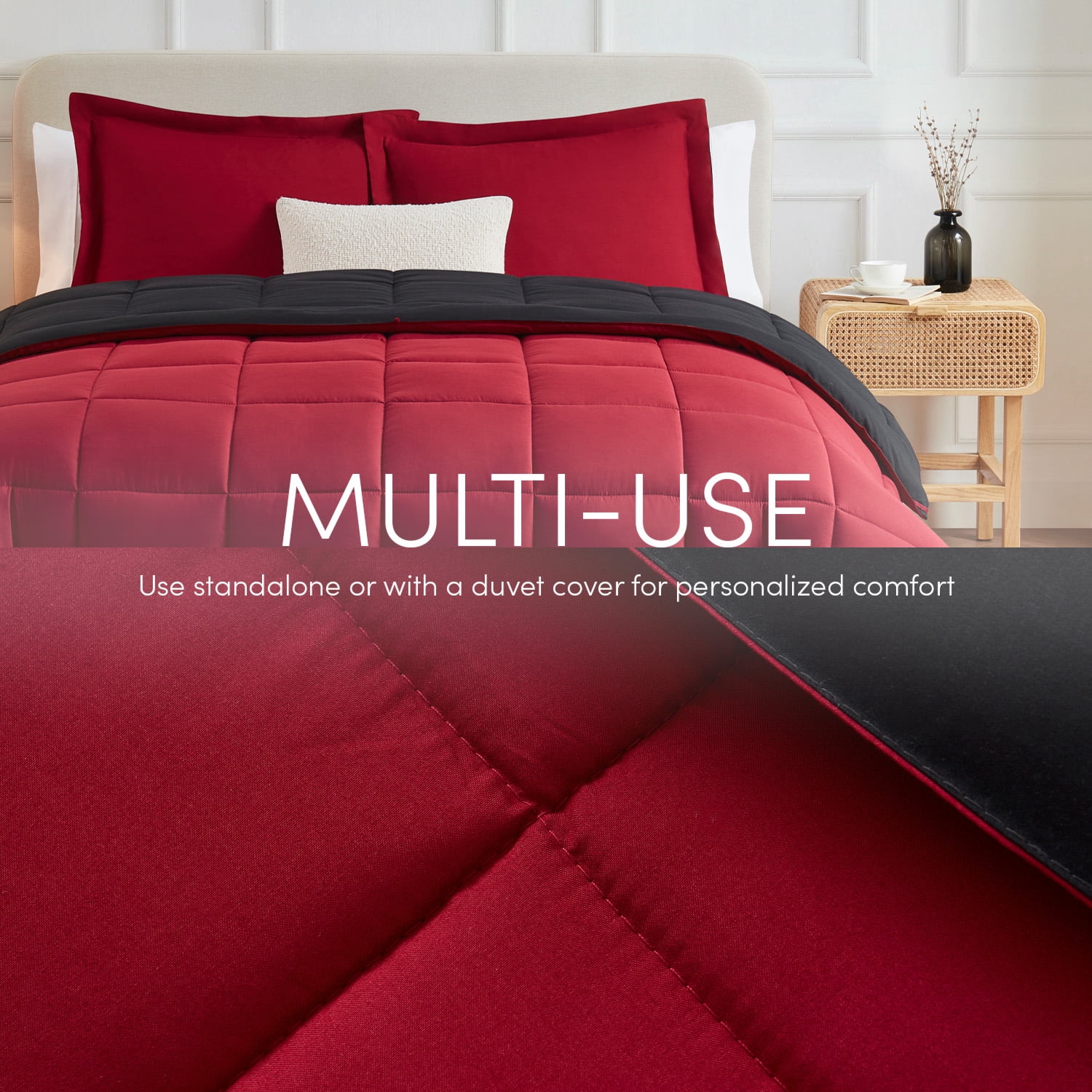 LammaLoe 3-Piece Full Size Comforter Sets, Reversible Bed in a Bag, Burgundy/Black, Quilted Bedding Comforter Set