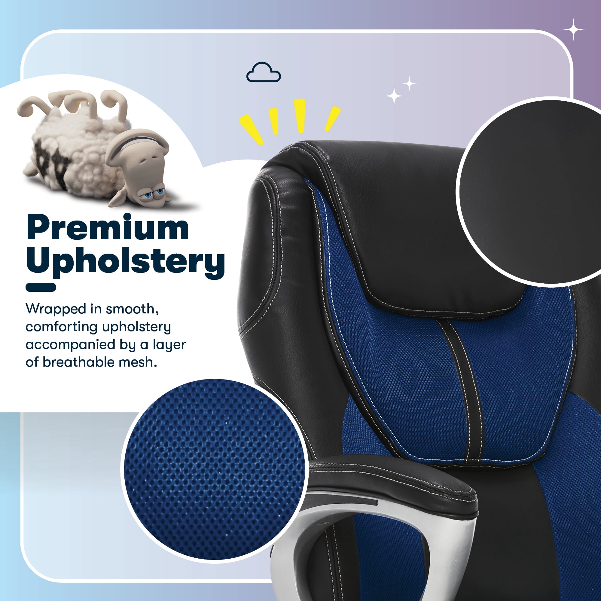 Serta®Amplify Executive Office Chair with Faux Leather and Mesh, Adjustable Ergonomic Comfy Seat with Lumbar Support, Modern Computer Desk Chairs, Swivel Rolling Wheels Blue
