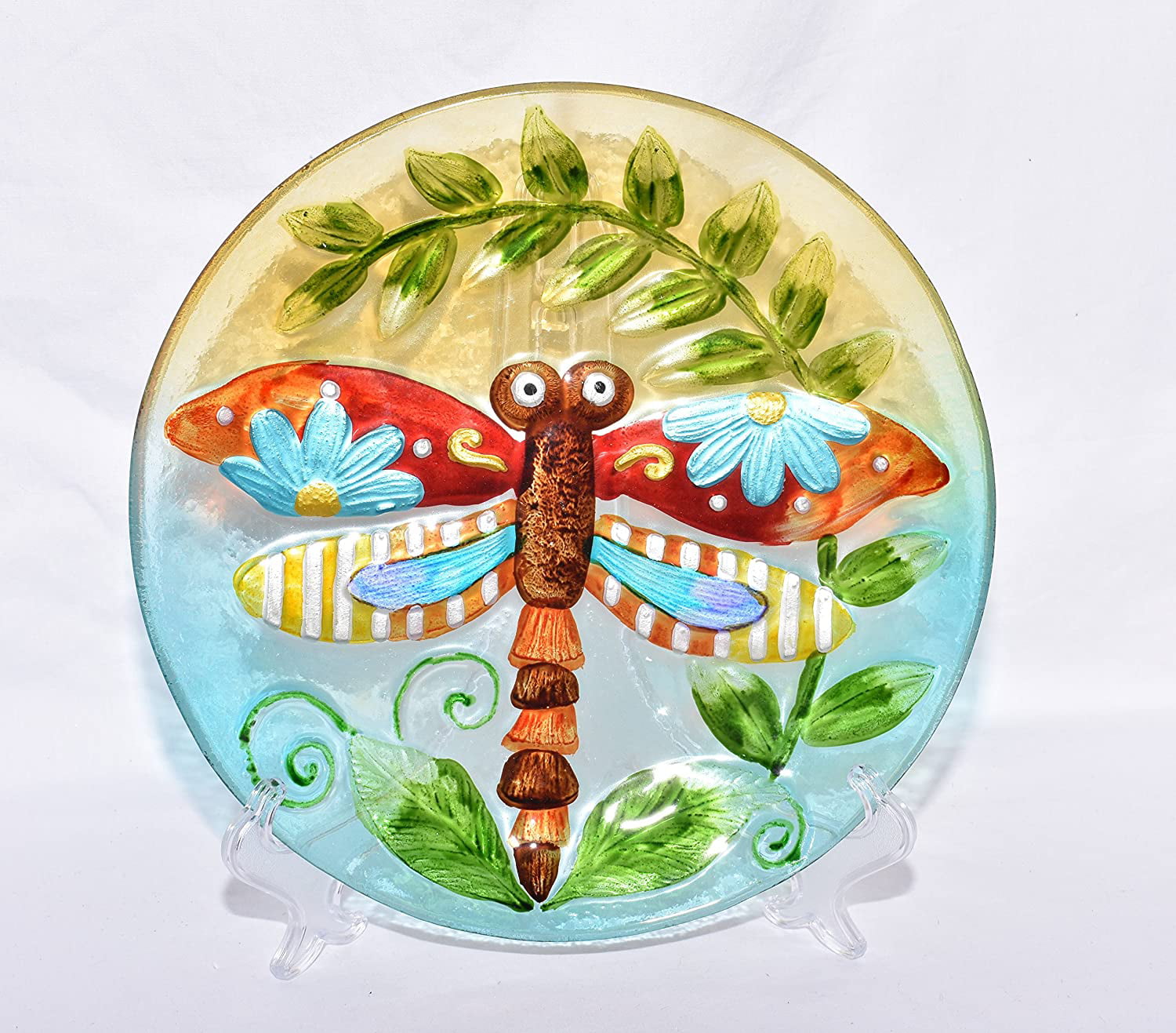 Bird Feeder Bath Dragonfly Glass with metal stand NEW 11 1/2" in diameter 