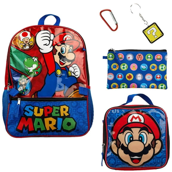 Super Mario 16" Backpack & Insulated Lunch Box 5 piece Mega Set, School Bag