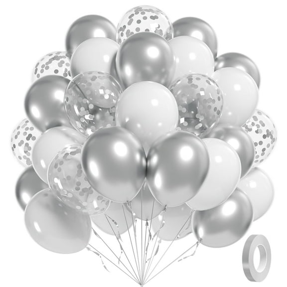 50pcs 12inch White and Silver Balloons, Metallic Silver White Latex Balloons Set with Silver Confetti Balloons for Boys Girls Birthday Baby Shower Wedding Anniversary Graduation Party Decorations