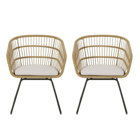 Noble House Boniare Outdoor Dining Chair - Faux Rattan - Set of 2 - With Cushion - Beige and Light Brown and Black