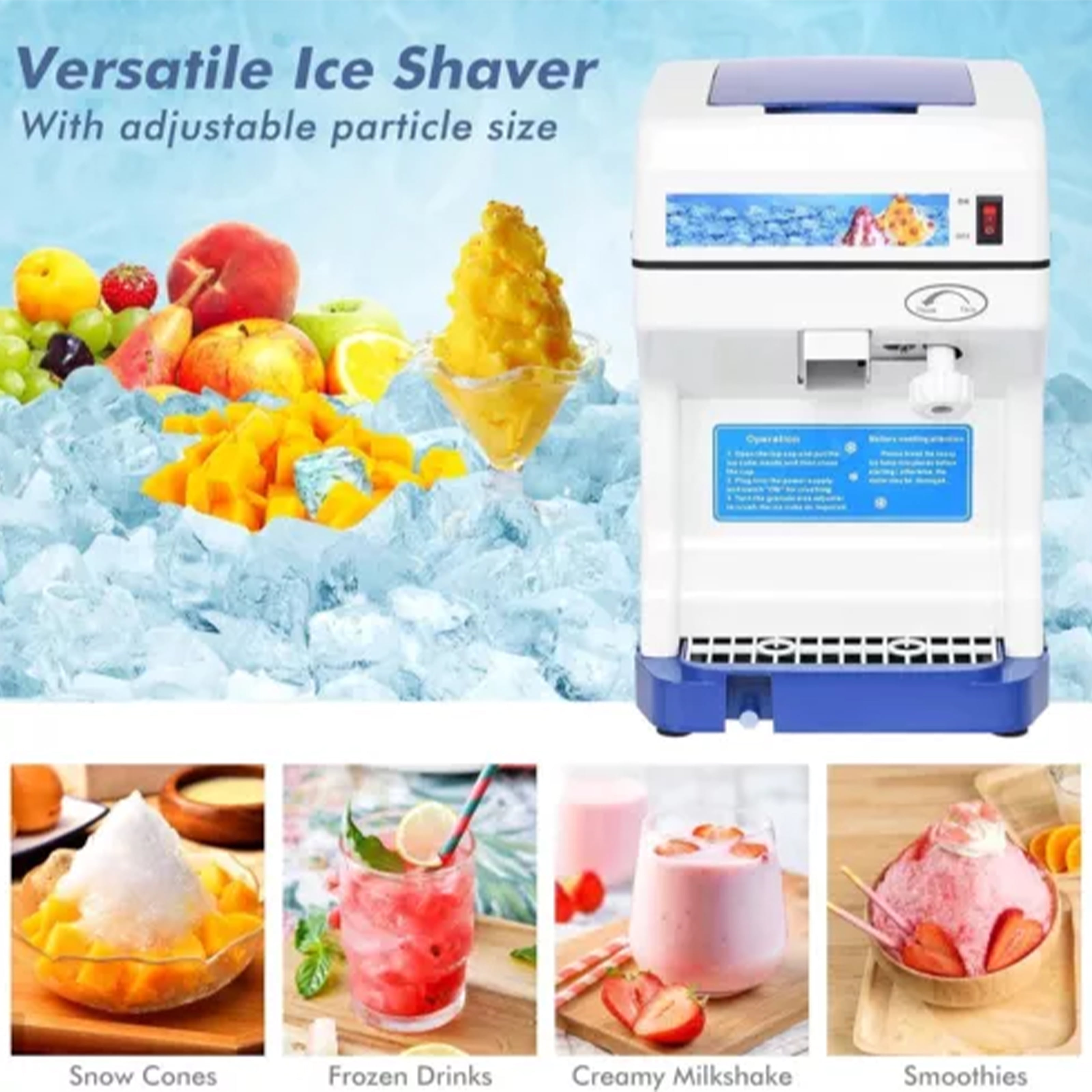 110V Electric Commercial Snow Cone Machine Device, Ice Shaver Snow Cone Maker 265lb/hr NSF