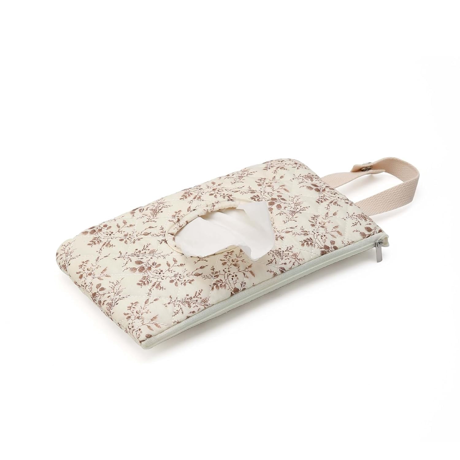 Quilted Diaper Wipes Pouch Reusable Zipper Lanyard Hanging Case for Travel Car StrollerBeige