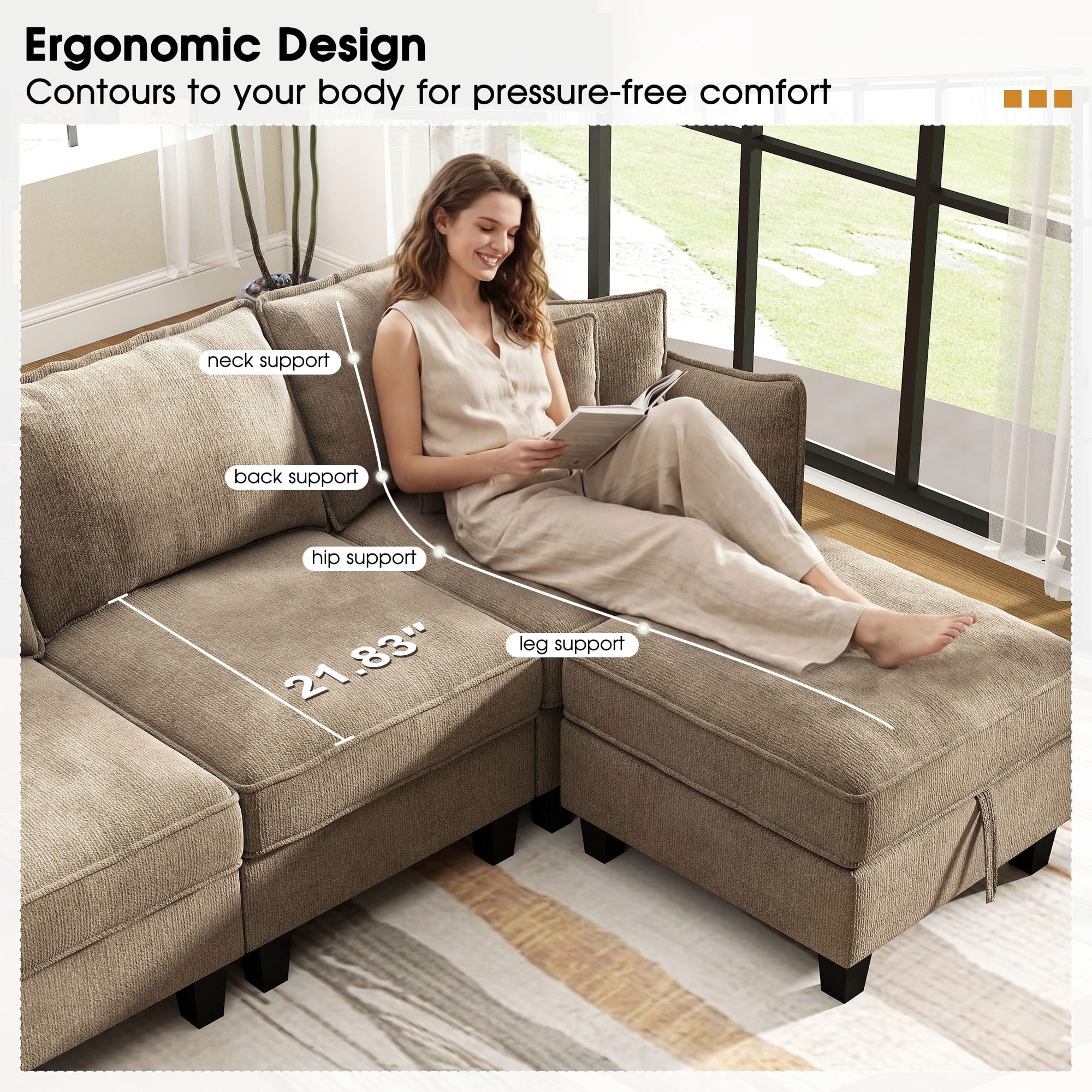 BedLuxury 84” Modular Sectional Sofa with Moveable Storage Ottoman, Cloud Couch Seats 4, Modern Living Room Furniture, Chenille Brown