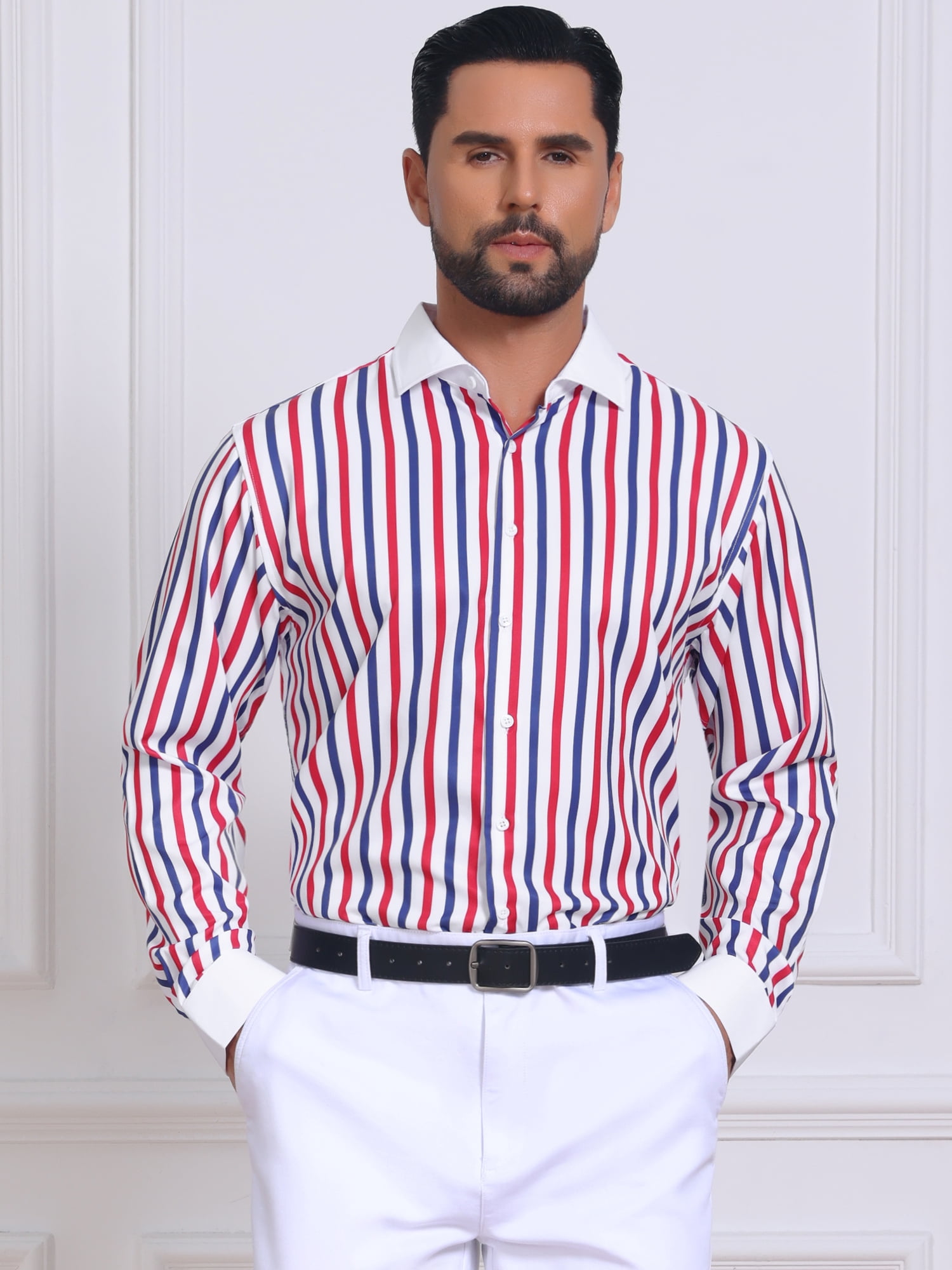 DARING DIVA Men's Striped Button Down Long Sleeve Stretch Shirts M Red Blue