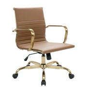 LeisureMod Harris Modern Leather Mid-Back Adjustable Swivel Office Chair With Gold Frame in Light Brown