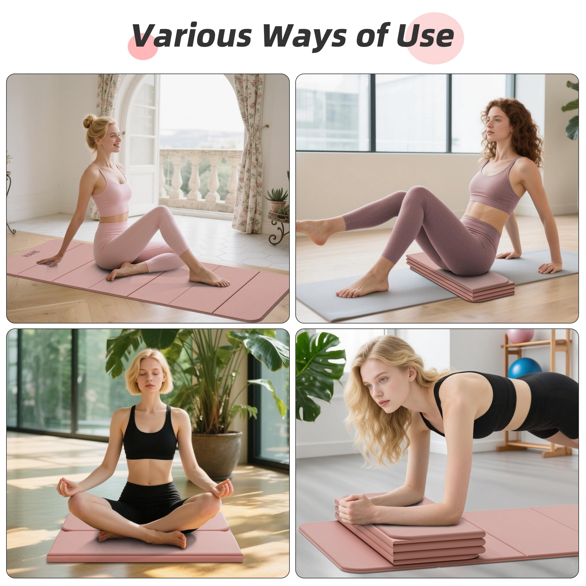 Foldable Yoga Mat Bright Pink TPE Multi-Use Exercise Mat for Home and Travel