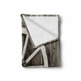 thumbnail image 2 of Barn Wood Wagon Wheel Soft Flannel Fleece Blanket, Retro Wheel on Timber Wall Barn House Village Cart Circle, Cozy Plush for Indoor and Outdoor Use, 50" x 60", Dark Brown and White, by Ambesonne, 2 of 6