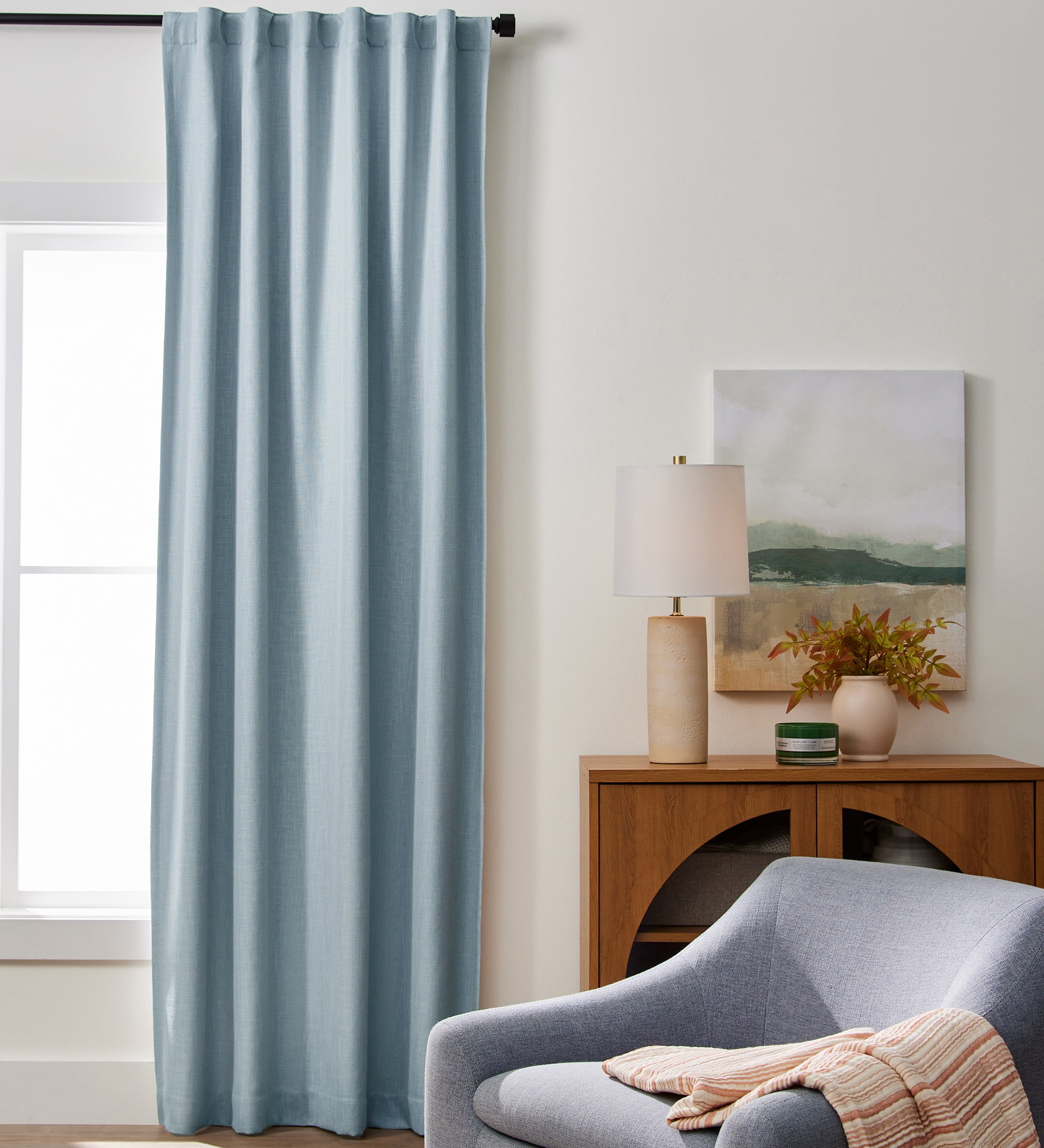 Better Homes & Gardens 100% Blackout Linen Blend Single Curtain, 50x108, Blue Water