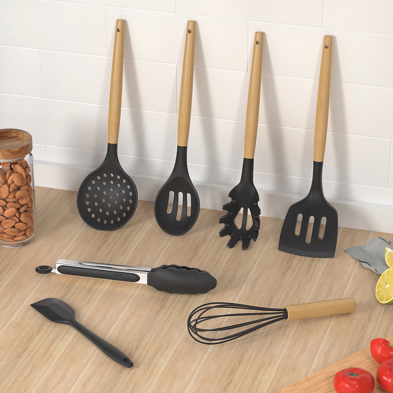 oannao Silicone Cooking Utensils Set - 446°F Heat Resistant Silicone Kitchen Utensils for Cooking,Kitchen Utensil Spatula Set w Wooden Handles,Holder, BPA FREE Gadgets for Non-Stick Cookware (Grey)