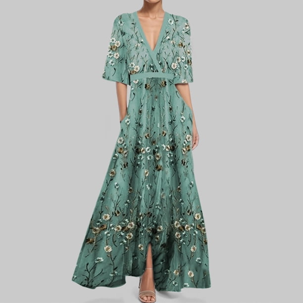 Delliss Vestidos elegantes de verano para mujer Vestidos hasta el tobillo para mujer Vestidos de moda con manga en el codo Vestidos largos con estampado de dama con manga Rosa fuerte M,Green,S