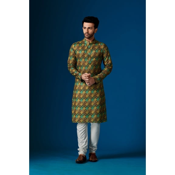 Men's Hazel Green Color Indian Traditional Wear Tunic Cotton Kurta Pajama Set