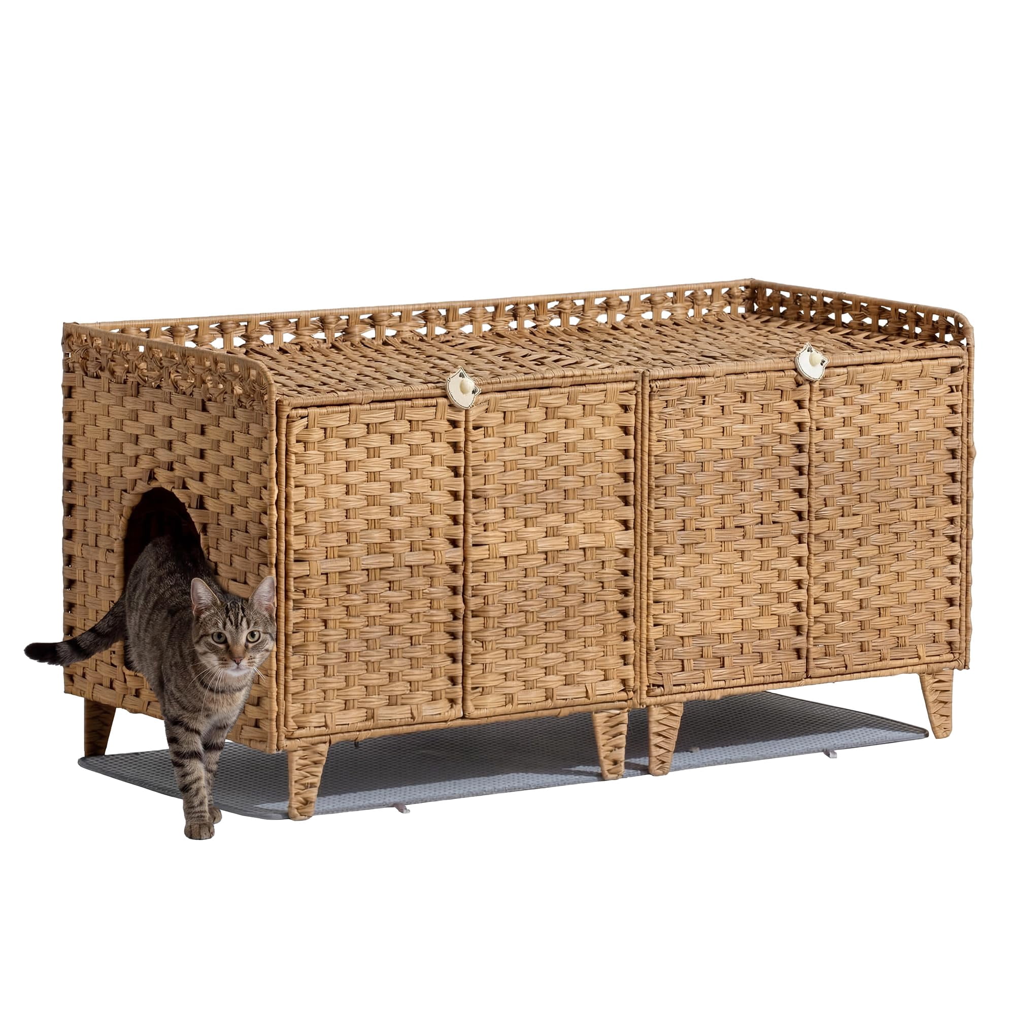 Double Litter Box Enclosure for 2 Cats - Rattan Hidden Cat Furniture with Litter Mat 2 Hooks & Doors, Large Cat House for 2 Litter Boxes, Easy Clean, 47.2" l x 19.7" w x 23.6" h Brown