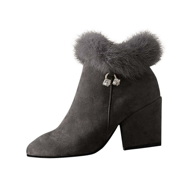 Women's Booties, Pointed Toe Suede Ankle Boots with Chunky Heel and Rhinestone Detail for Fall Winter Fashion