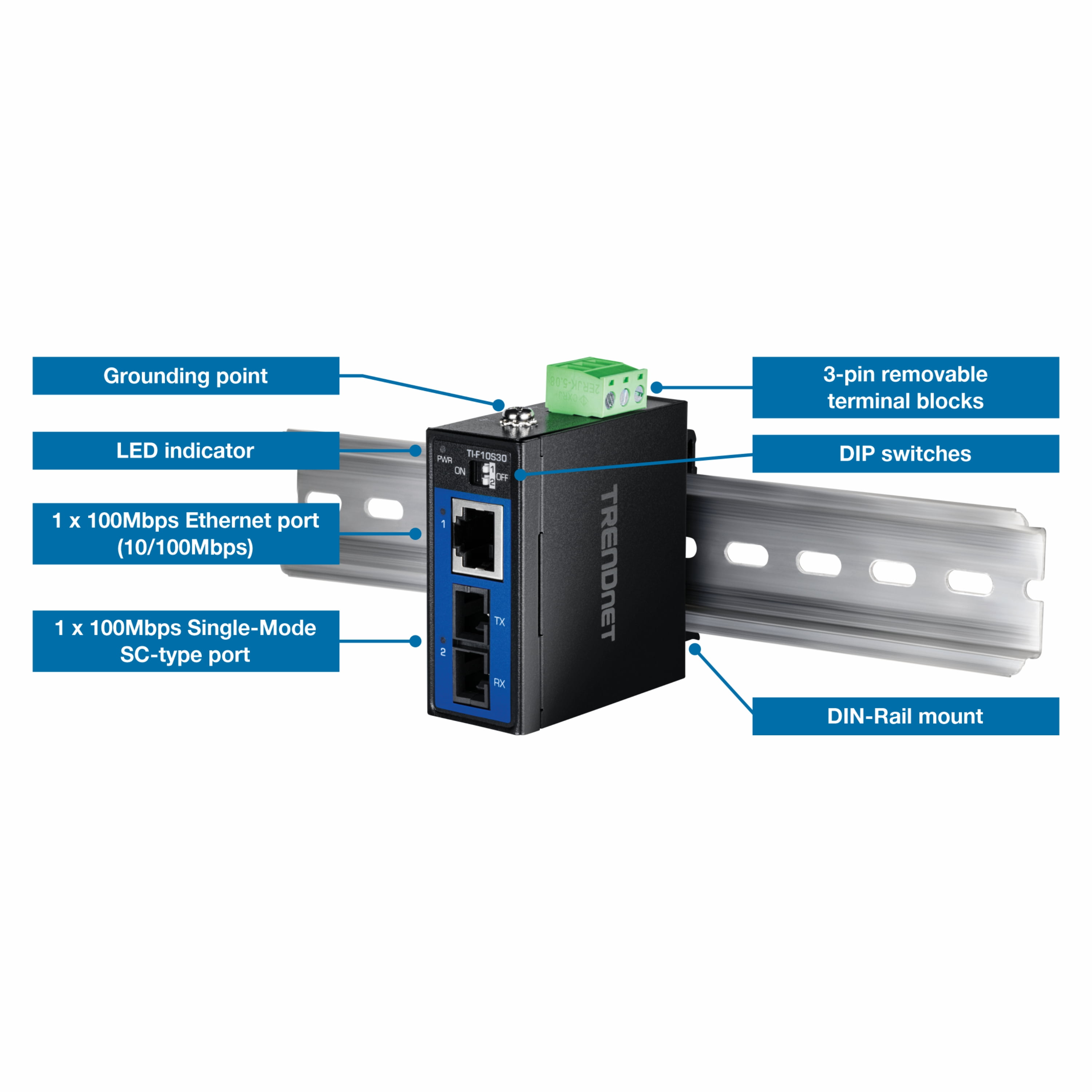 TRENDnet TI-PE50 5-Port Industrial Fast Ethernet PoE+ DIN-Rail Switch