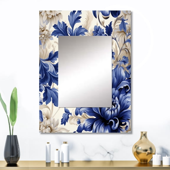 Designart "Victorian Brocade In Cobalt Blue VI" Floral Wall Mirror, Printed Blue Wall Mirror, Traditional Bathroom Wall Mirror, Decorative Floral Mirror - 24x32 Inch