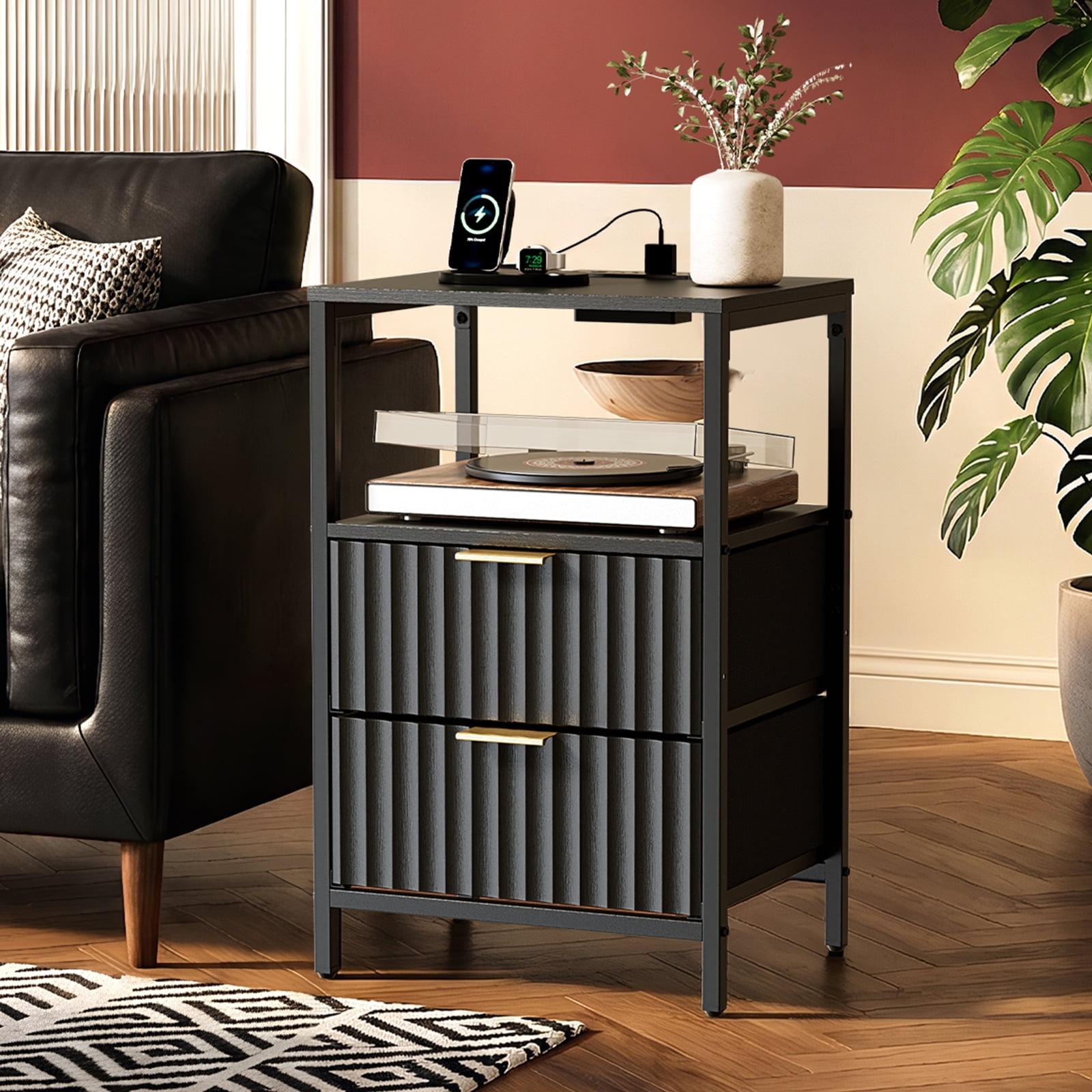 Ktaxon Nightstand with Charging Station End Table with 2 Fabric Drawers Bedside Table Furniture for Bedroom, Living Room,Fluted Black Wave Design
