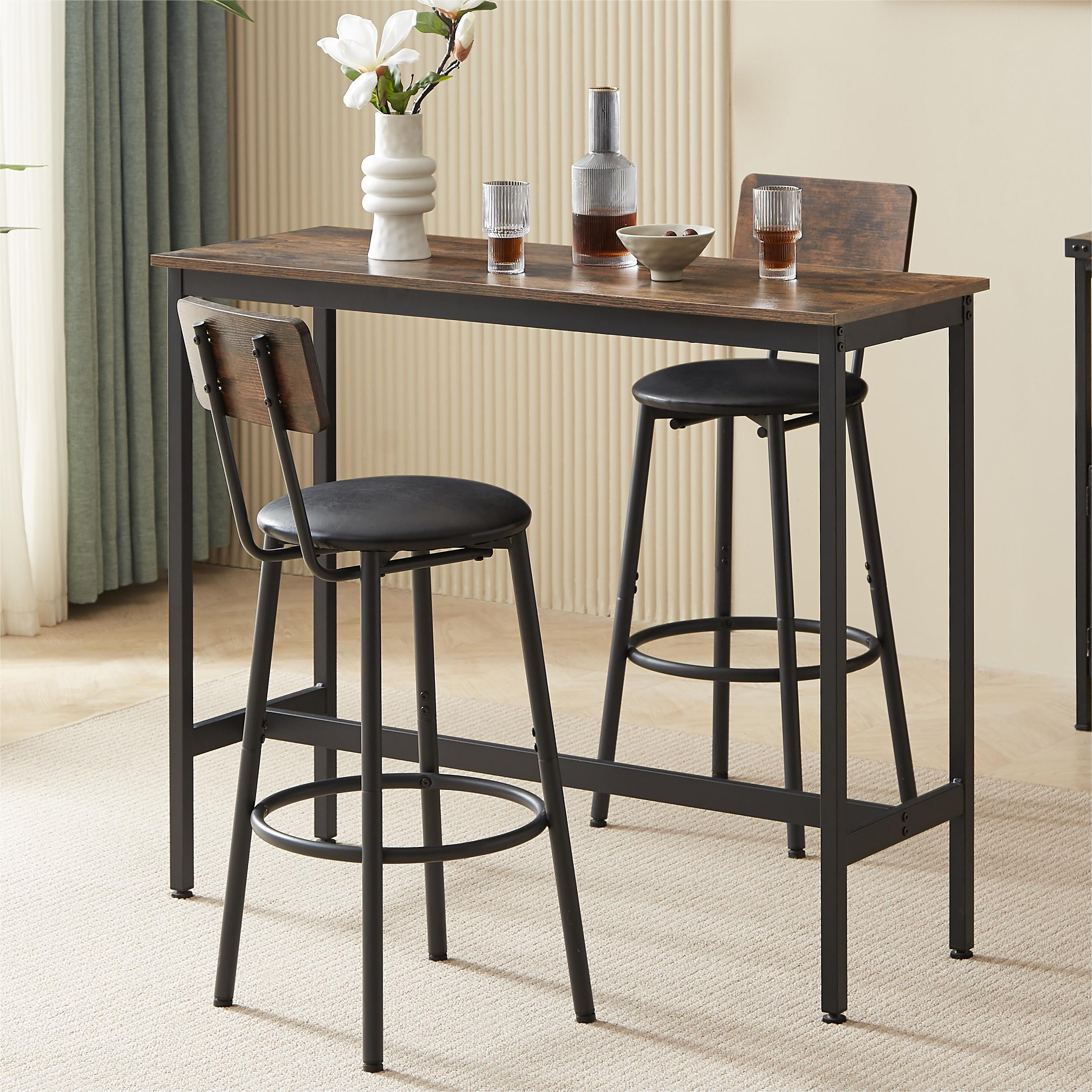 3 Pcs Bar Dining Table Set, Minimalist Style Bar Table With 2 Bar Stools PU Soft seat with Backrest Footrest for Dining Room, Kitchen, Rustic Brown,43.31"L x 15.75"W x 35.43"H